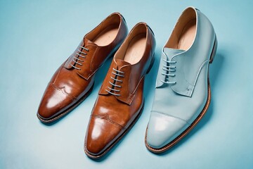 Elegant leather shoes on a pastel blue surface