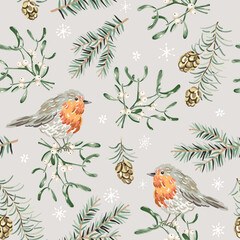 Wall Mural - christmas seamless pattern, robin birds, pine, fir twigs, cones, mistletoe, snowflakes, beige backgr