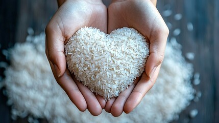 Sticker -   A person holding a heart-shaped rice bowl on a wooden table in front of a mound of rice