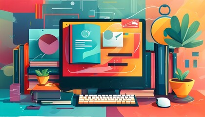 Fusion of traditional education and modern digital tools with computers, icons, books, keyboards, and mice in a vibrant abstract illustration