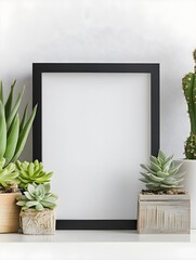 Canvas Print - Black Square Frame Mockup with Home Decor Featuring Succulents and Copy Space