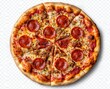 © Sabina Gahramanova - a pepperoni pizza on a white background. Close-up top view of a pizza and mozzarella cheese for a fast food menu or advertising design