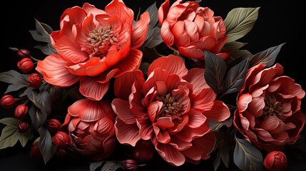 Wall Mural - Red peonies on a black background.