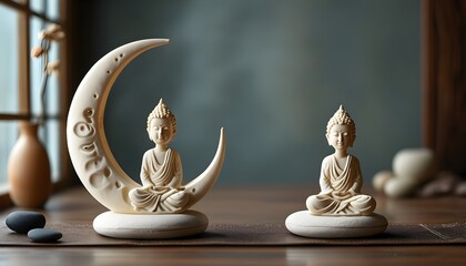 Serene crescent moons symbolizing guided meditation, evoking tranquility and mindfulness for relaxation and spiritual exploration