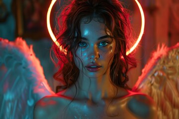 Wall Mural - Woman with angel wings and a halo of neon light, looking directly at the camera.