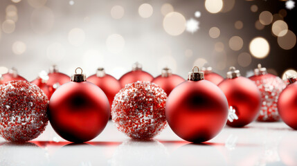 Christmas red decoration on a bokeh background. shiny red and gold closeup christmas baubles. New Year concept.