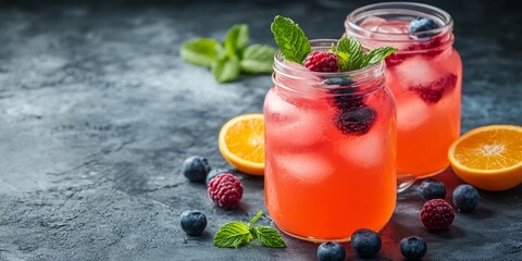 Wall Mural - Colorful fruit drink with raspberries and blueberries garnished with mint leaves on a table