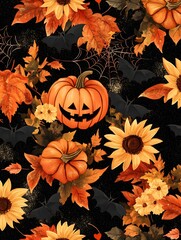 Wall Mural - festive autumn halloween seamless design with glitter pumpkins bats spider webs sunflowers fall leav