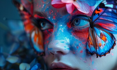 Wall Mural - Makeup photography that simulates a butterfly on the model's face, with precise details and vibrant colors