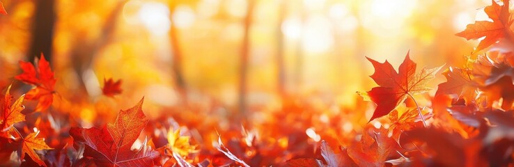 Autumn background with red and orange leaves in a forest on an autumn day Autumn nature banner, poster, or wallpaper Generative AI