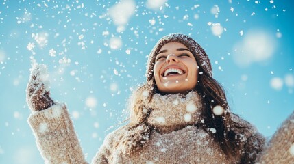 Smiling woman throwing snow in the air at sunny winter day