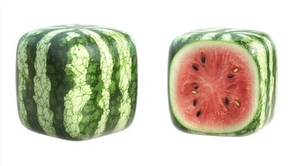 Wall Mural - Square or cube striped watermelons and half of watermelon isolated on white background. File contains clipping path.