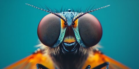 Close-up of a colorful fly revealing intricate eye and body details against a dark backdrop