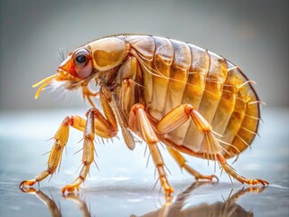 Macro view of a flea's body, showcasing its shiny exoskeleton, tiny eyes, and intricate legs, against a clean, white, and softly focused background.