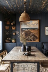 Elegant dining room featuring a wooden table and stylish chairs in a modern home setting