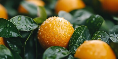 Freshly sliced orange surrounded by whole fruits and green leaves on a wooden surface