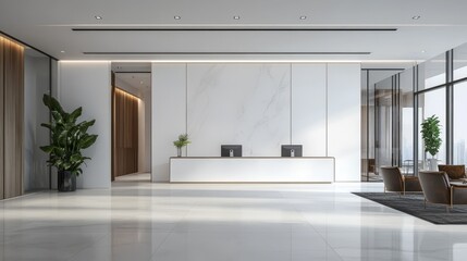 Office lobby with a large white wall and two meeting rooms