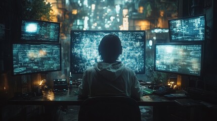 Futuristic hacker working diligently on a holographic keyboard amidst glowing computer screens