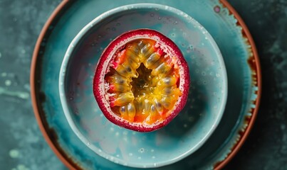 Wall Mural - Overhead view of a halved passion fruit on a plate