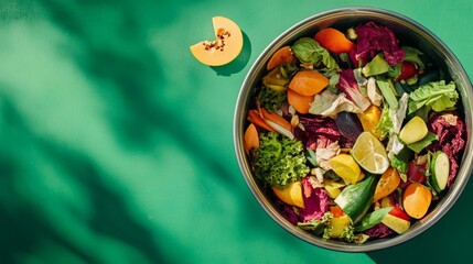 Sorted kitchen waste in compost-bucket on green background top view. Compost-container. Sustainable life style. Vegetable, fruit peels, scraps from food preparation collected in trash-can