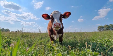 Canvas Print - A curious young cow stands in a lush green field under a bright blue sky in the afternoon