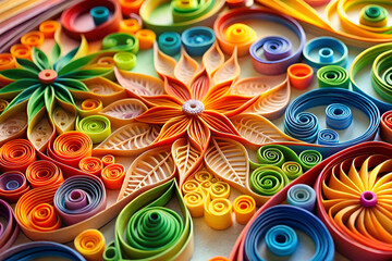 A colorful flower made out of paper. The flower is made up of many different colored strips of paper. The flower is very detailed and has a lot of different colors