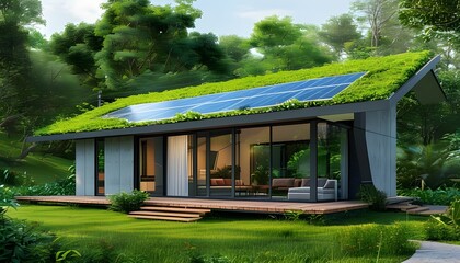 Eco-friendly solar-powered smart home integrated with innovative energy solutions in a vibrant green landscape