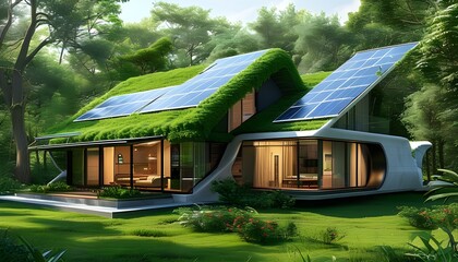 Eco-friendly solar-powered smart home integrated with innovative energy solutions in a vibrant green landscape