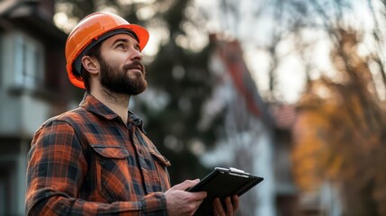 Construction worker in hard hat observes surroundings at sunset