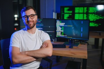 it technician person with technology for typing code, future and data analytics