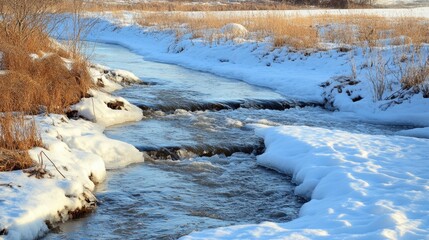 Snow melting on riverbank icy water flowing serene winter scene first signs of spring snow retreating nature awakening