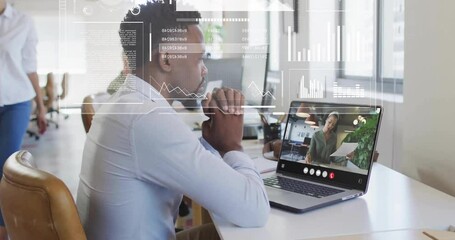 Canvas Print - Animation of data processing over diverse colleagues having video call in office