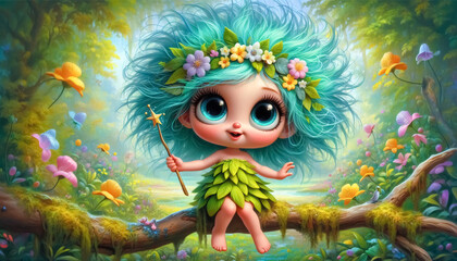 Canvas Print - Happy colored fairy sitting on a tree trunk, with magic wand