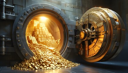 Wall Mural - Majestic treasure trove unveiled in a mysterious glow, showcasing mountains of gold and cash behind a colossal vault door