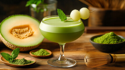 Elegant matcha and honeydew melon non-alcoholic cocktail served in vintage coupe glass, showcasing vibrant green blend. Perfect for refreshing wellness-focused beverage. Image made using Generative AI