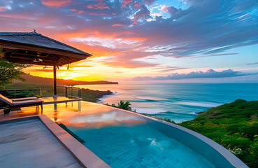 Wall Mural - view of patio deck of vacation home with picturesque ocean view with sunset view, pool by the house