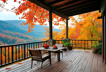 Wall Mural - View of the patio terrace of a vacation home with a picturesque view of nature, forest, trees and mountains,