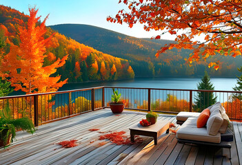 Wall Mural - View of the patio terrace of a vacation home with a picturesque view of nature, forest, trees and mountains,