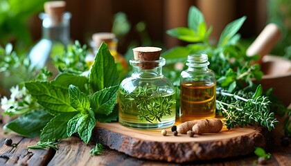 Nourishing landscape of natural supplements and fresh herbs perfect for exploring alternative medicine and holistic nutrition