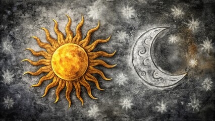 Sun And Crescent Moon Drawn In Charcoal On A Mottled Background Of Gray And Black.