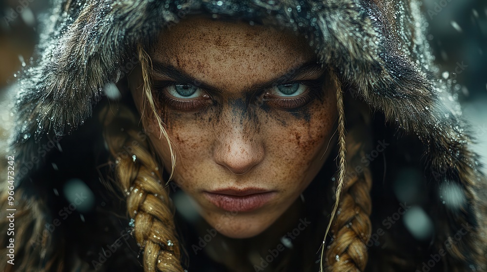 intense closeup of a fierce viking warrior woman her piercing eyes ...