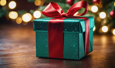 A green gift box with a red bow sits on a wooden table in front of a blurry Christmas tree with twinkling lights