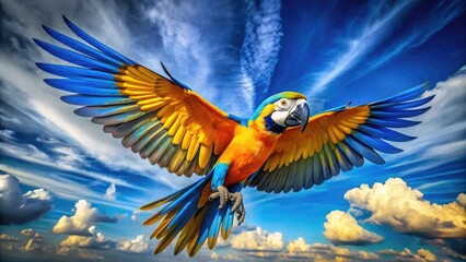 Vibrant blue and gold macaw spreads colorful wings, takes flight against a bright blue sky with fluffy white clouds, freedom and joy embodied in motion.