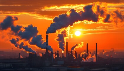 Wall Mural - Industrial sunset featuring an orange sky and city skyline with factories emitting smoke