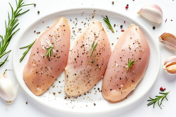 Fresh raw chicken breasts seasoned with rosemary and pepper on a white plate.