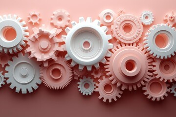 interlocking gears in various sizes rendered in soft peach tones abstract mechanical background symbolizing teamwork efficiency and progress