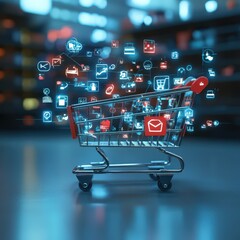 Digital shopping revolution: e-commerce iconography with futuristic shopping cart.