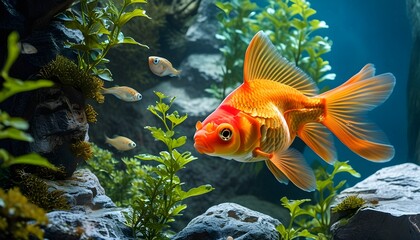 Underwater tranquility with vibrant fish swimming among rocks and lush plants in a serene tank environment