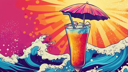 Poster - Vibrant tropical cocktail with umbrella and waves in pop art style.