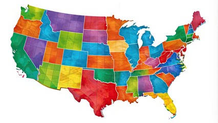 Sticker - Vibrant colored map of the United States with bold state lines, major cities, and geographical features, isolated on a white background, ready for customization.